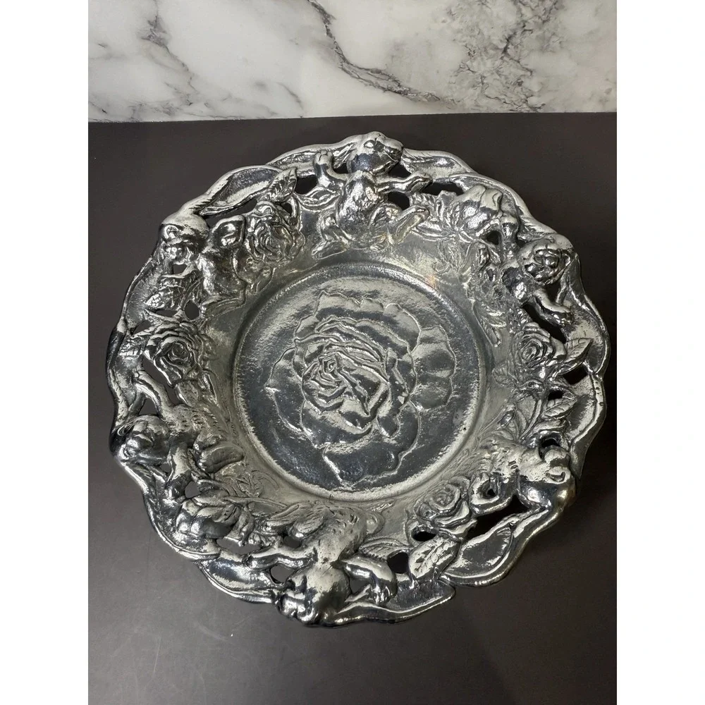 1995 Arthur Court Aluminum Bunny Rabbit and Rose Flower Bowl